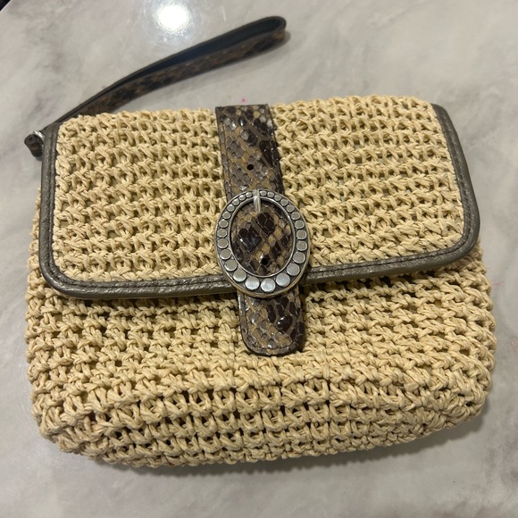 Brighton Handbags - Brighton Beige Woven Clutch with Snakeskin Detail